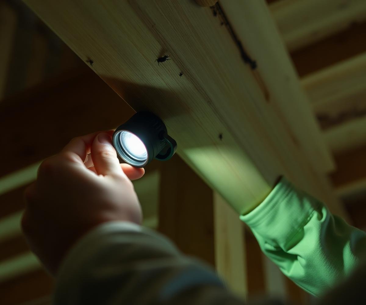 Torch inspection of wooden roof beams for termite activity