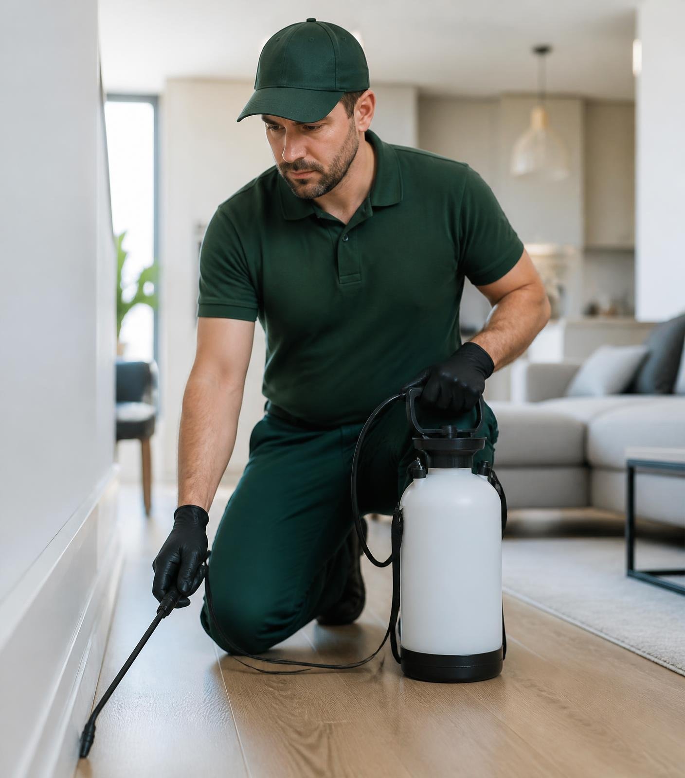 Pest control technician in a green uniform treating the baseboards of a modern living room