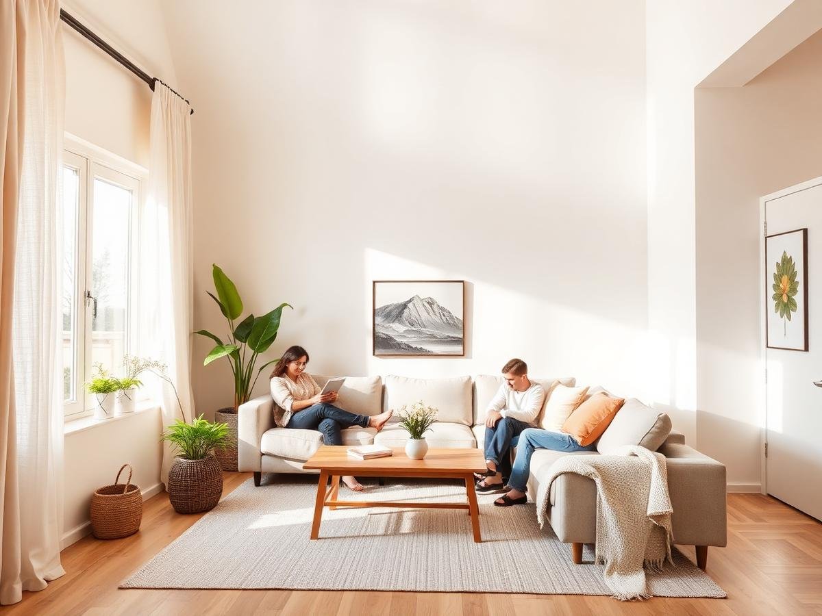 Bright, clean family living room with plants and natural light