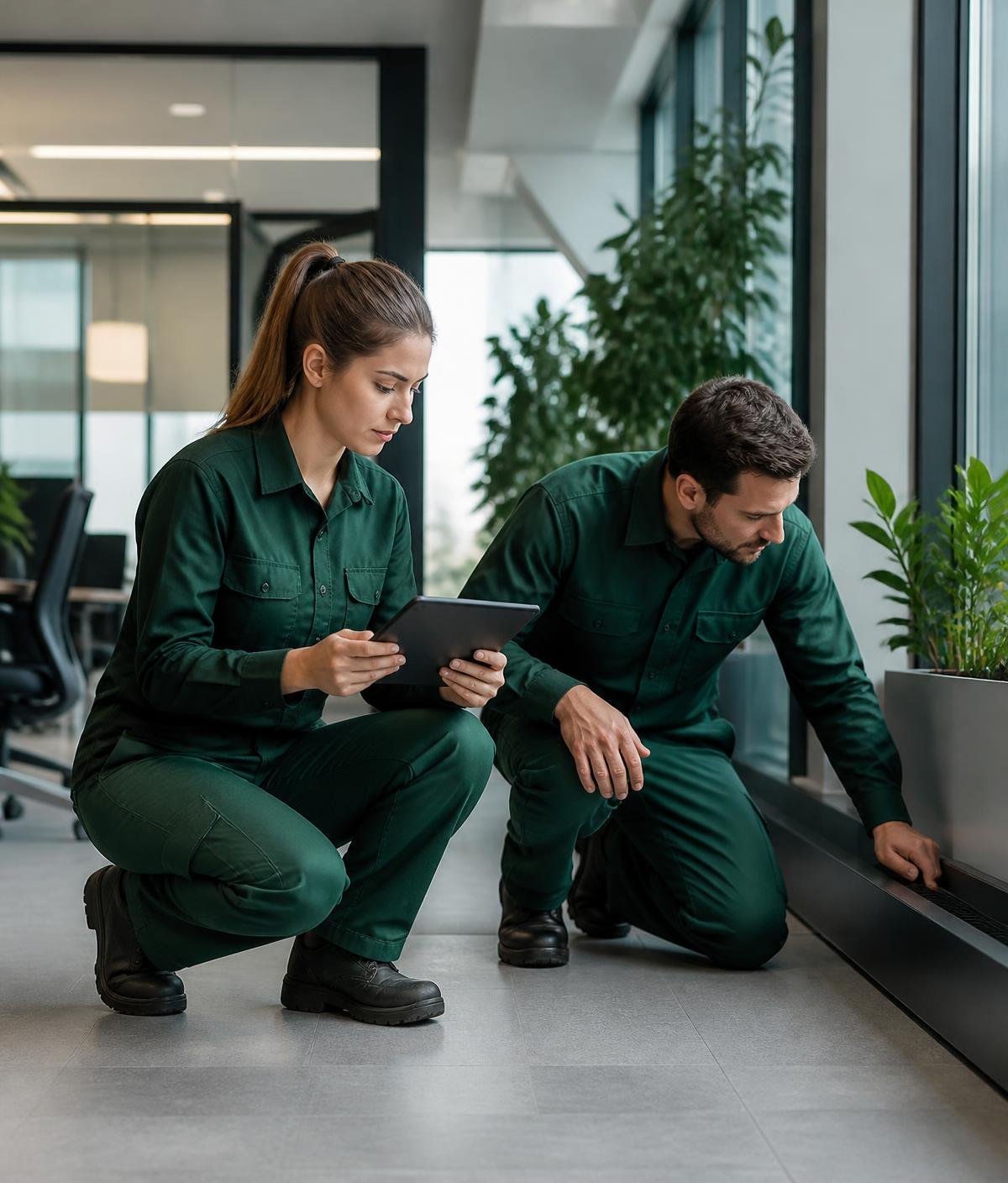 Two pest control specialists inspecting the skirting of a modern office interior